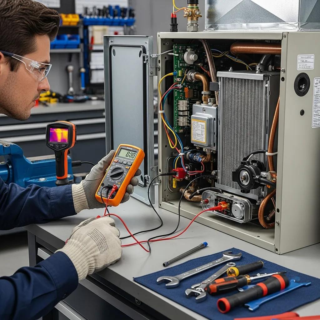 HVAC technician performing a furnace tune-up &mdash; professional maintenance for safety and efficiency