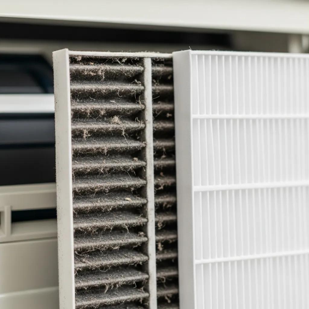 Comparison of a dirty air conditioning filter and a clean one, emphasizing maintenance importance