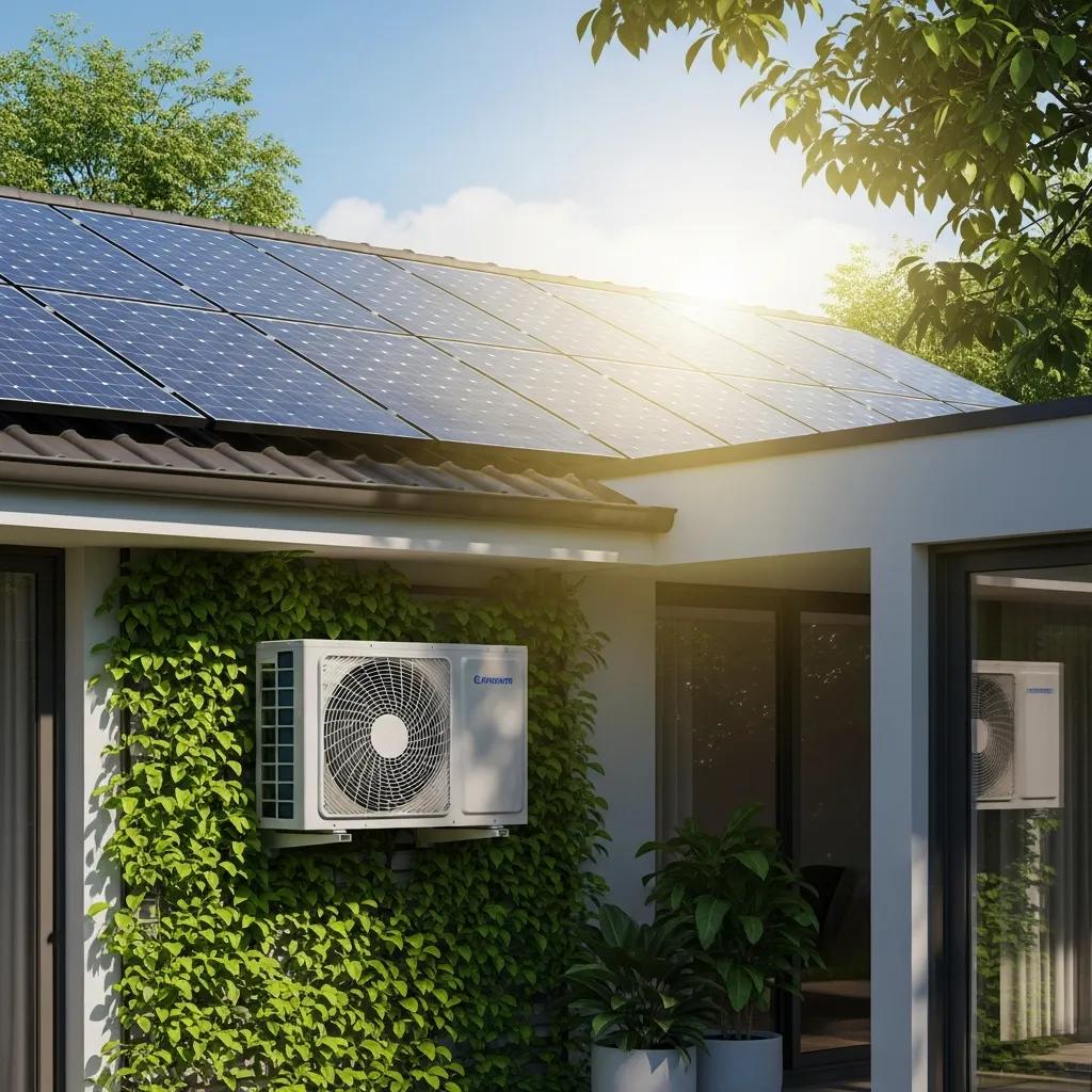 Energy-efficient air conditioning unit installed in a home with solar panels and greenery