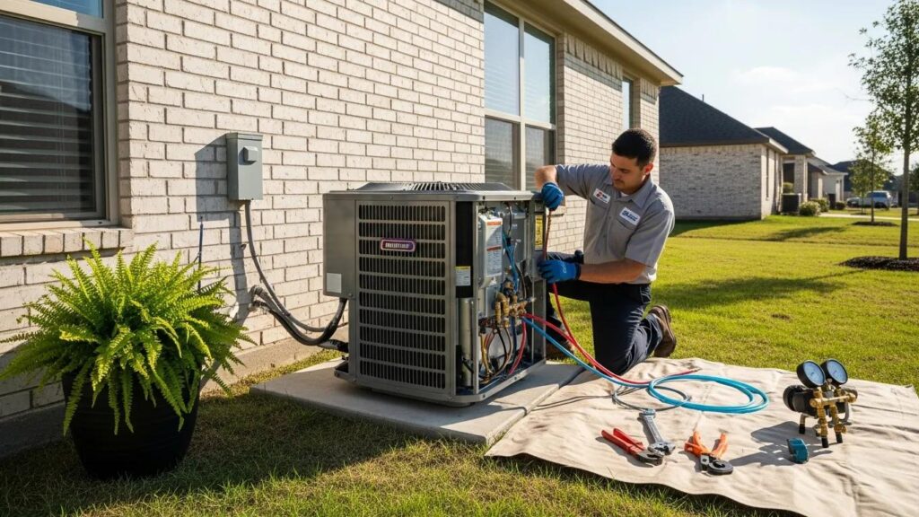 Modern air conditioning unit installation in a residential home in Gainesville, TX