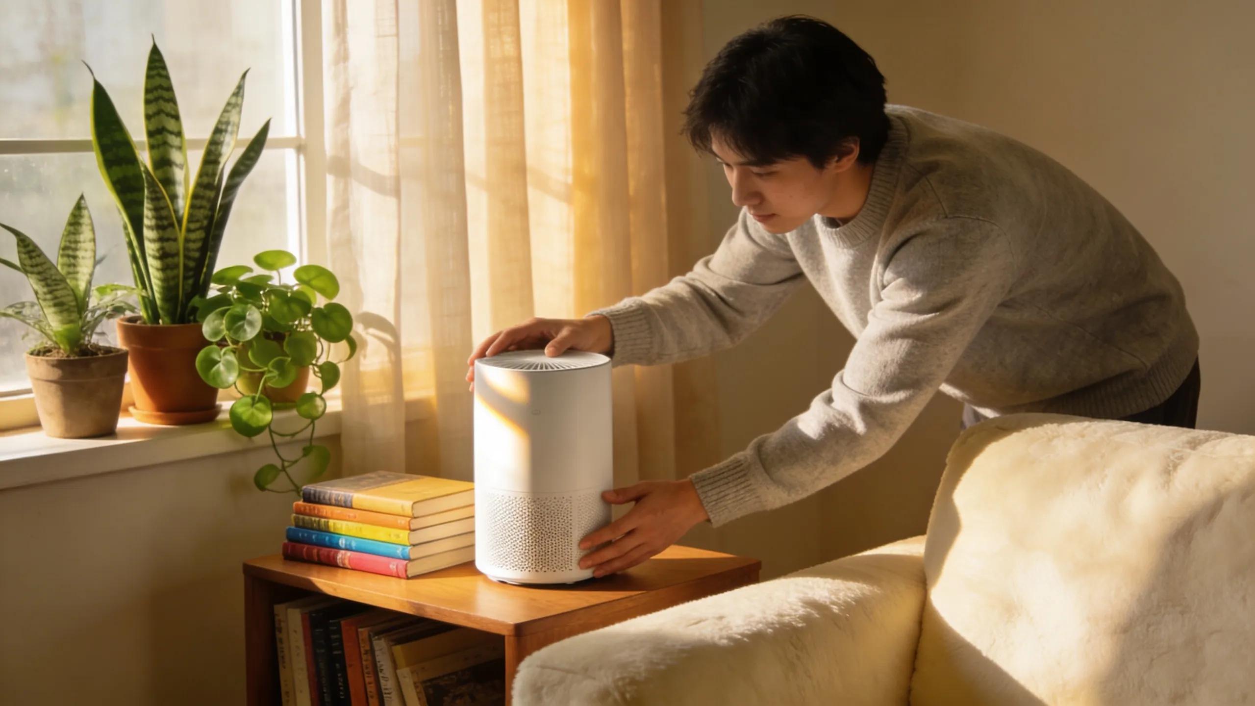 Complete Guide to Indoor Air Quality for Your Home 3 Person using an air purifier in a cozy home, emphasizing air quality improvement strategies