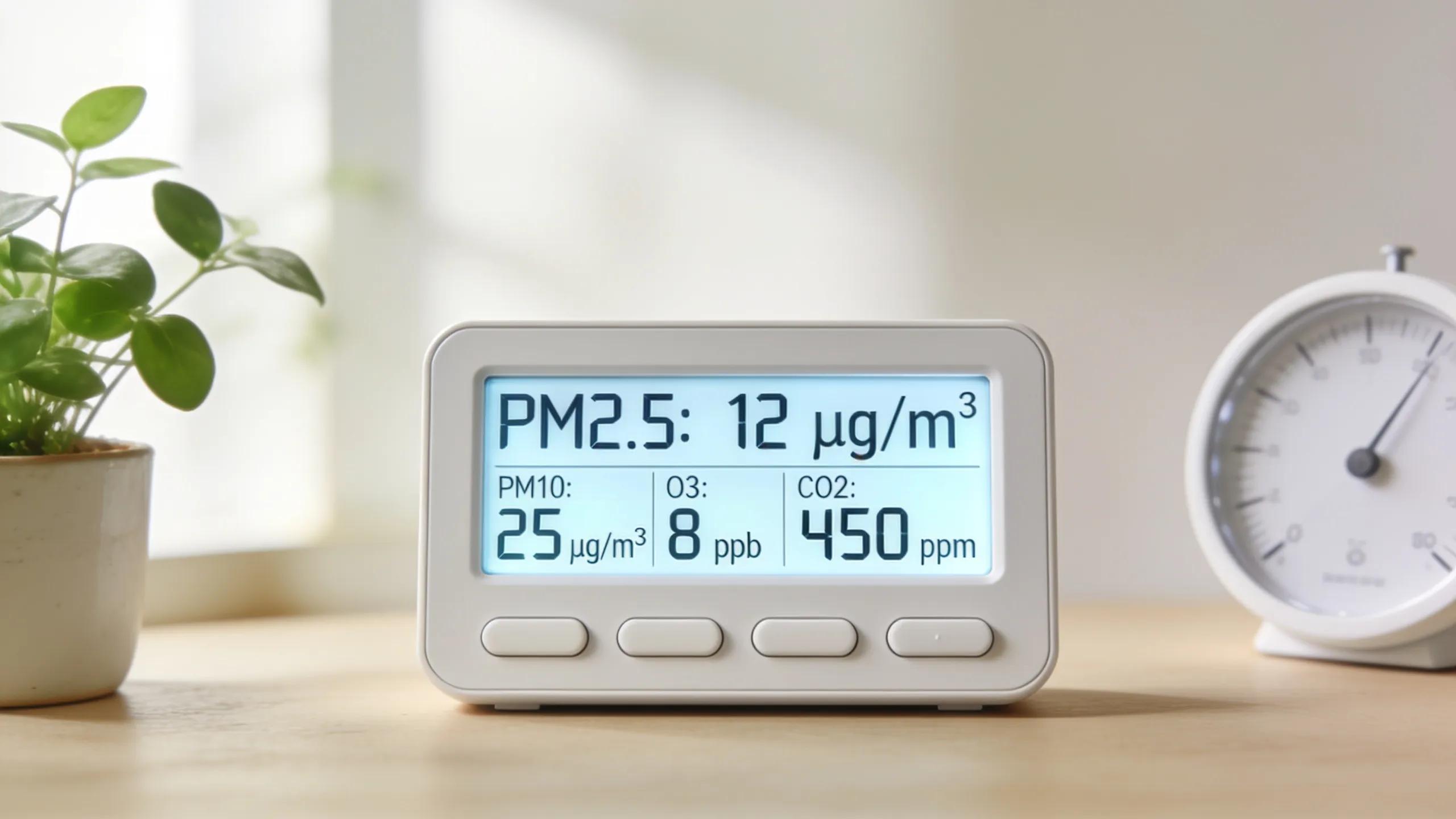 Complete Guide to Indoor Air Quality for Your Home 2 Close-up of an air quality monitor in a well-lit home illustrating measurement techniques