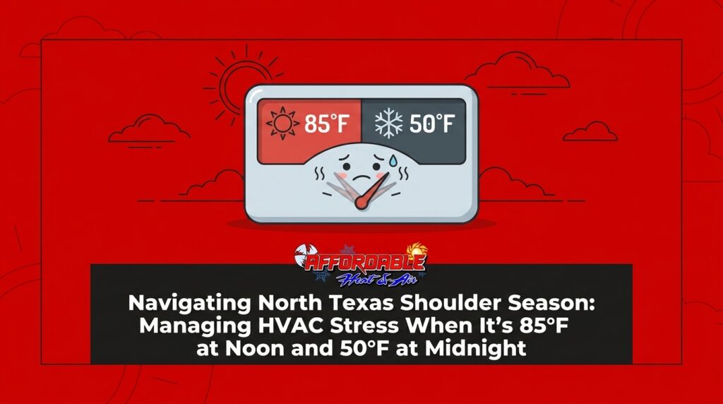 Navigating North Texas Shoulder Season: Managing HVAC Stress When It’s 85°F at Noon and 50°F at Midnight 1 Navigating North Texas Shoulder Season: Managing HVAC Stress When It's 85°F at Noon and 50°F at Midnight — featured image
