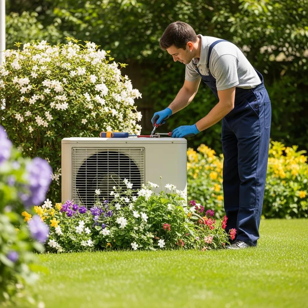Spring AC Tune-Up Checklist for Optimal Performance 3 technician performing spring maintenance on an air conditioning unit in a sunny backyard be aa ac acbada